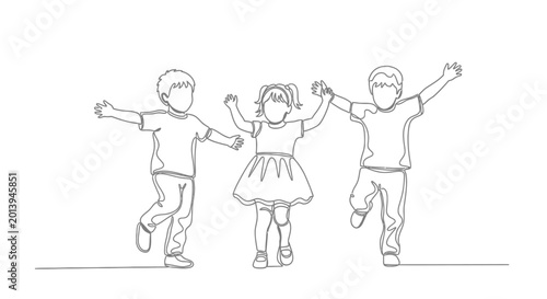 Continuous Line Drawing of Three Happy Children Playing Together.