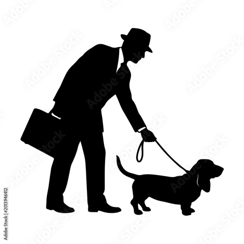 Man walking dog with briefcase silhouette