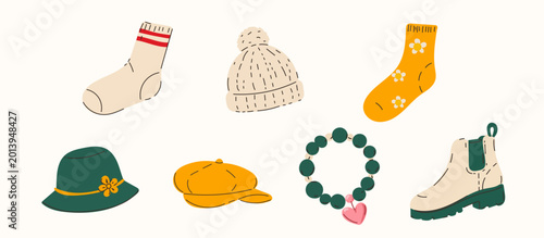 Shoe, Hat and Bracelet Set. Stylized Nostalgic Cartoon Retro Style Element. Vintage 90s Hipster Symbol. Fashionable Footwear Funny Element for Modern Poster Design