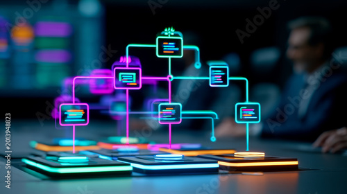 Holographic workflow visualization artificial intelligence digital interface neon color futuristic office technology teamwork innovation data management collaboration