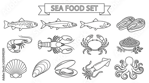Tableau sur toile Seafood set featuring fresh fish shellfish crustaceans and octopus