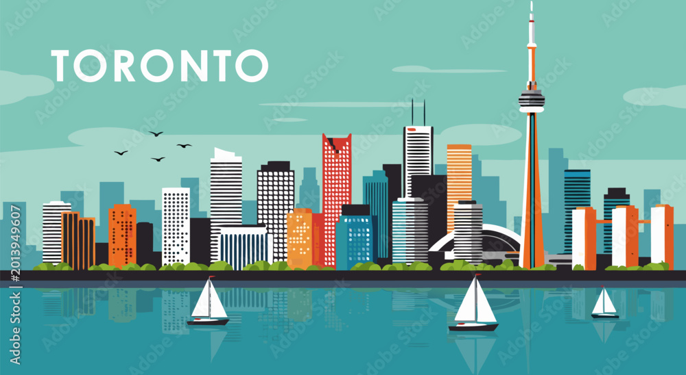 Obraz premium Vector illustration of a scenic Toronto city skyline with sailboats on the lake at sunset