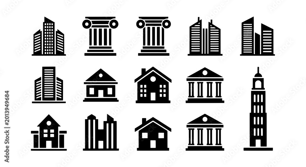 Fototapeta premium Buildings icon set with various architectural styles and structures featuring architecture, icons, skyscraper with house and temple elements for