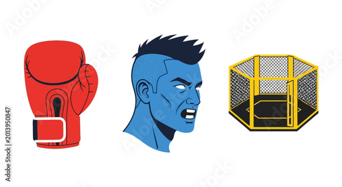 Fotografie Boxing Glove, Fighter, and MMA Cage - Combat Sports Concept