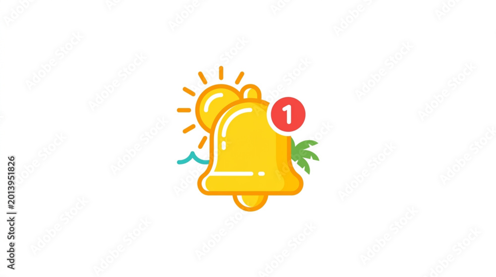 Fototapeta premium Golden Bell Notification Icon with Tropical Elements.
