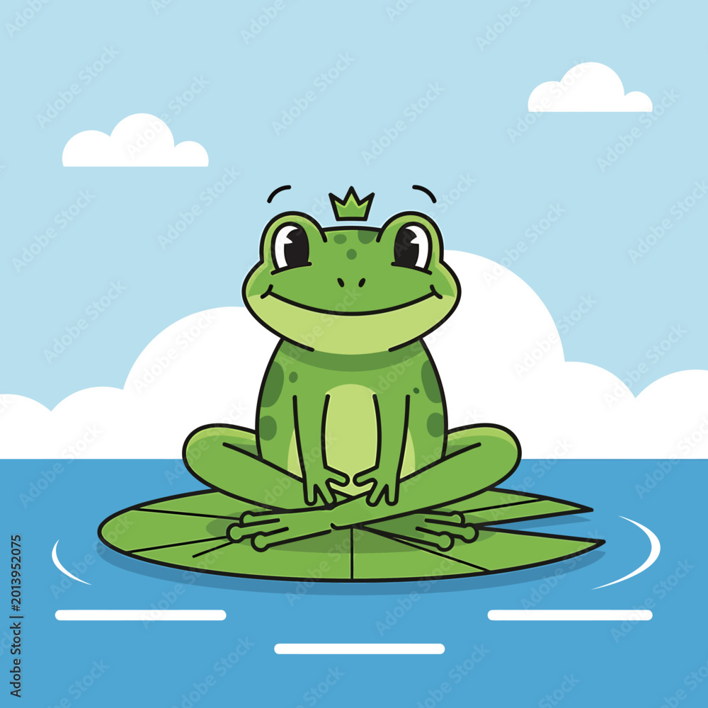 Fototapeta premium Green Frog Wearing Crown Sits Lotus.