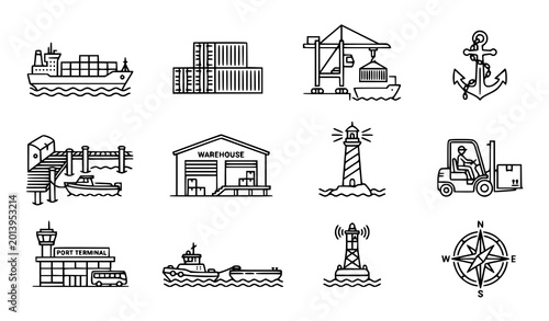 Vászonkép Marine port outline vector icon set with shipping harbor and logistics symbols