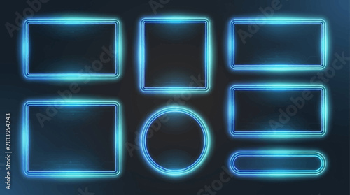 Neon lit rectangular shapes glow in the dark background