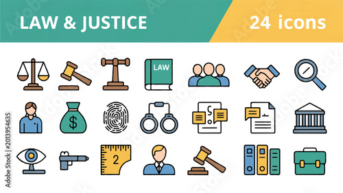 A comprehensive collection of diverse line art icons representing legal system, justice, law enforcement, and professional services