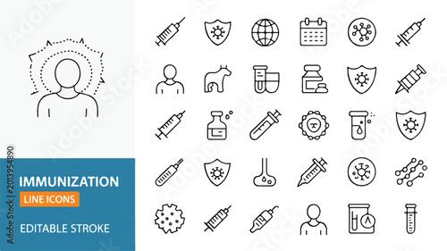 Immunization and vaccination line art icon set, featuring thirty symbols for health, disease prevention, medical research, and global protection