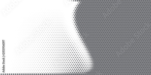 A dynamic abstract background featuring a halftone dot pattern with a gradient transition from dense black dots to sparse white space, creating a modern and graphic design element.