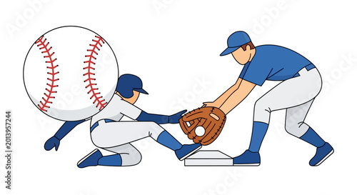 Foto Baseball player slides into base during game, catcher attempts tag