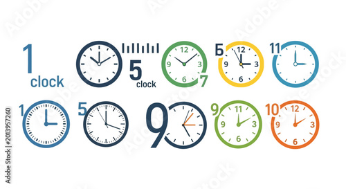 Bild auf Leinwand Collection of Colorful Clocks Showing Different Times, Educational Concept