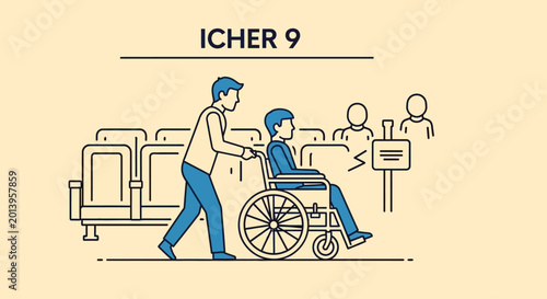 Photos Man pushing person in wheelchair at airport terminal, accessibility assistance,