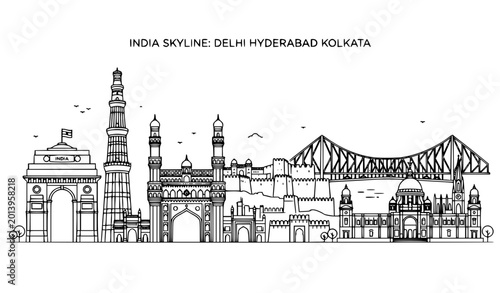 Foto Outline India City Skyline Vector with Delhi Hyderabad and Kolkata Historic Land