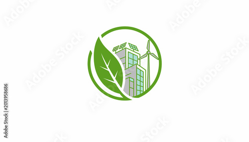 Eco friendly sustainable building icon with leaf and wind turbine.
