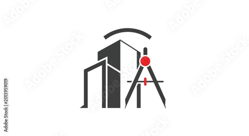 Minimalist architectural logo design featuring a building and drafting compass.