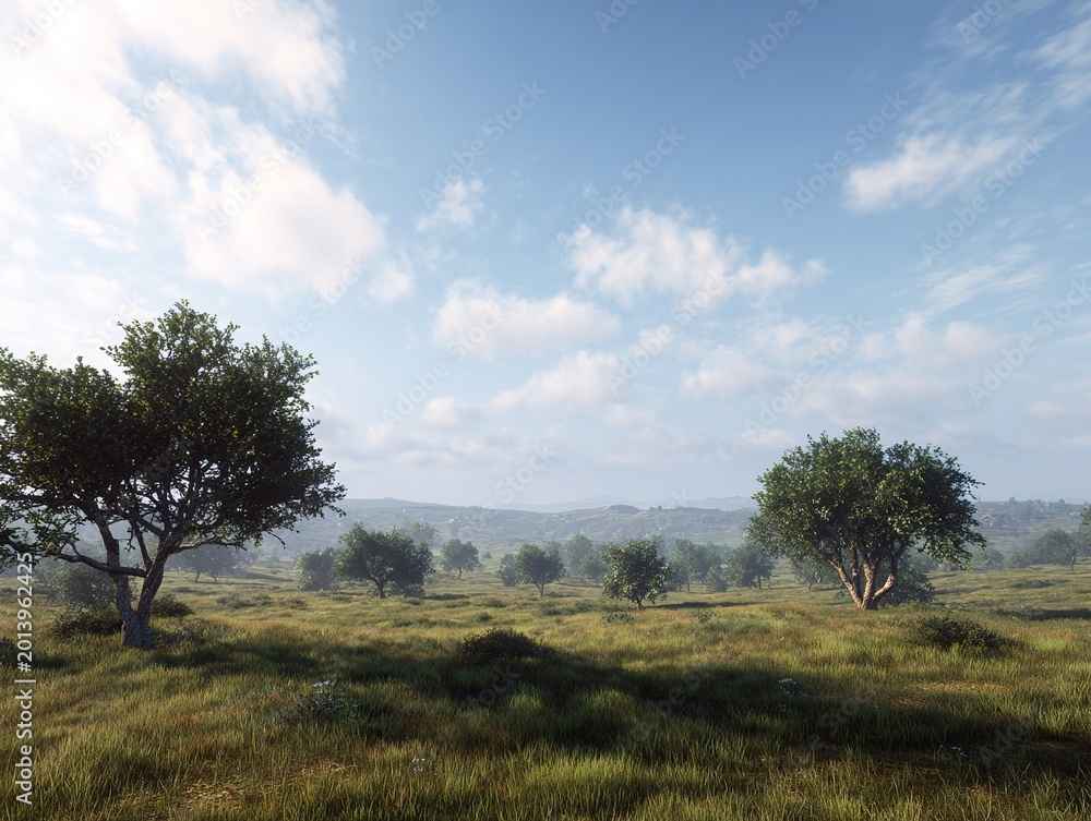 Fototapeta premium Open Wilderness Scattered Trees and Grassland, Minimal Summer Landscape