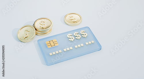 Photos Credit card with gold coins, showing online payment and financial transaction, d