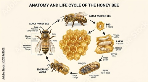 Fototapeta kuchenna Anatomy and life cycle of the honey bee infographic showing adult worker, emerging adult, pupa, larva and egg surrounding central honeycomb, with labeled body parts and stages to teach pollination bio