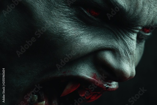 Menacing Werewolf's Gaze: A close-up shot of a fearsome werewolf, its piercing red eyes and bared fangs exuding an aura of primal savagery against a backdrop of shadowed darkness.