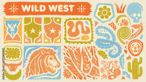 Wild west themed vector illustration with skull cactus snake and native american headdress motifs high quality professional detailed