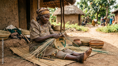 African Woman Weaving Basket in Rural Village Setting