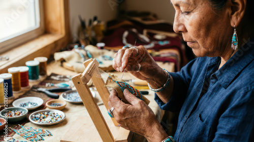 Artisan Native American Woman Beading Traditional Jewelry Close up