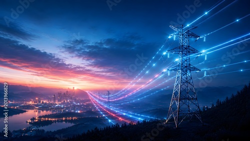 Futuristic smart grid and high voltage power lines transmitting glowing blue and red energy towards a modern city at sunset. Technology and sustainable electricity concept.