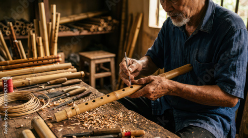 Bamboo Flute Craftsman Making Holes in Asian Instrument