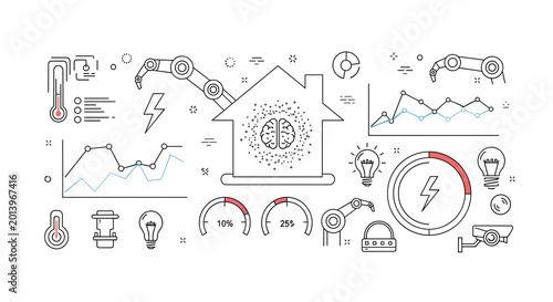 A schematic line art illustration depicting a smart home integrated with automated robotics, data monitoring graphs, and intelligent energy management systems on a white background