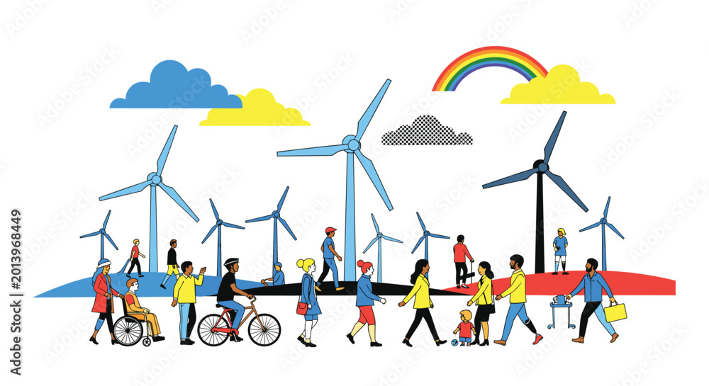 Fototapeta premium A diverse group of people walking and cycling past a series of large wind turbines under a colorful rainbow in a bright, modern, minimalist graphic art style.