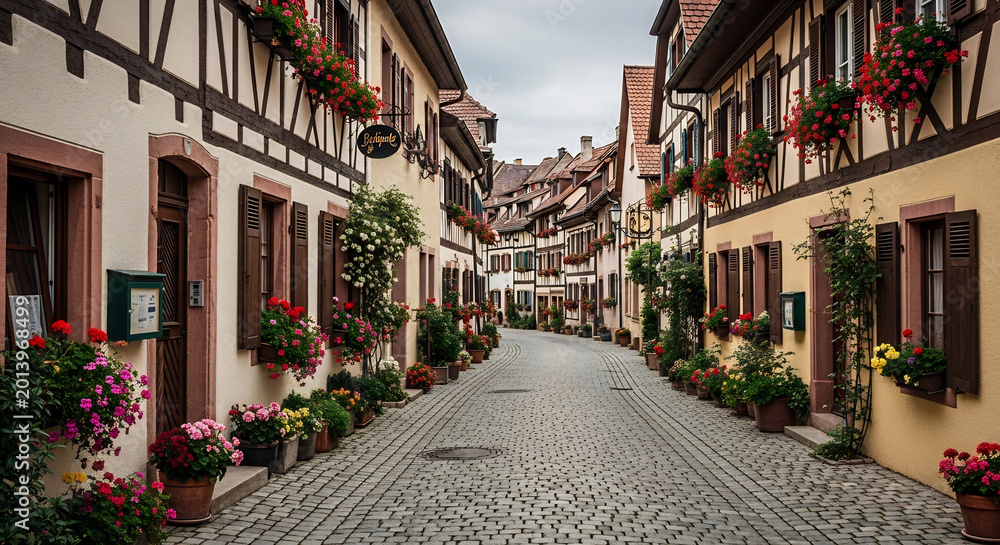 Fototapeta premium Charming European Village Street with Spring Flower Displays