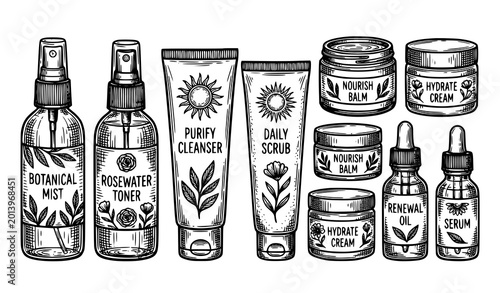 Fotografía Vintage style botanical skincare products collection hand drawn engraving