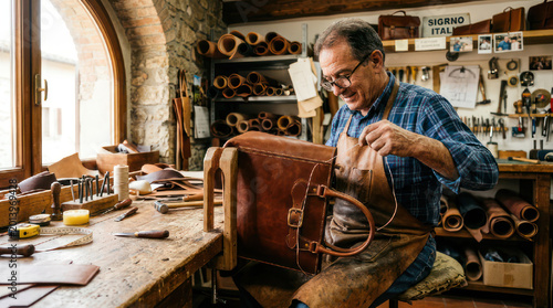 Leather Artisan Crafting Bag by Hand Stitching in Italy Workshop