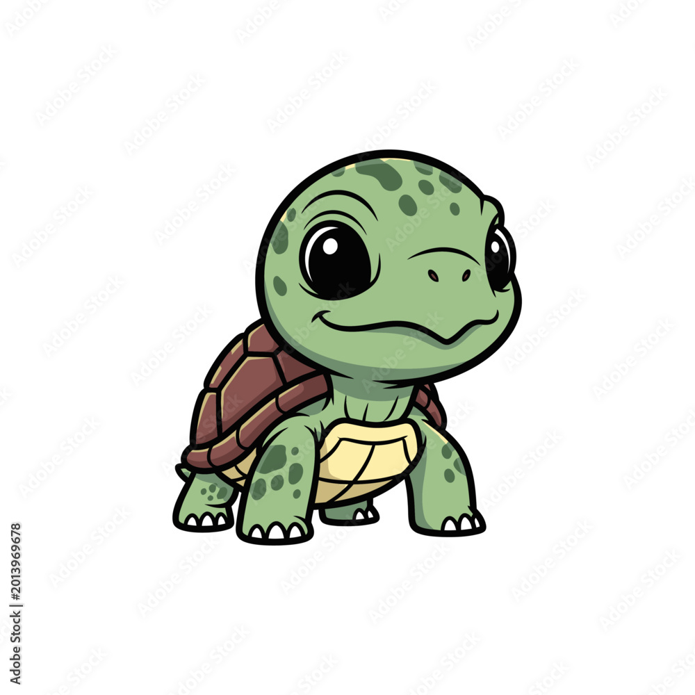 Fototapeta premium Cute cartoon baby turtle with green skin, dark spots, and a brown shell isolated on white background. Detailed vector illustration of a friendly tortoise character with large black eyes.