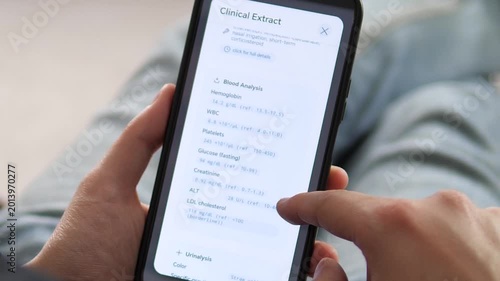 Accessing medical history on the go. Close-up of a mobile clinical extract interface displaying blood and urinalysis data. Perfect for health insurance, digital documents, and patient portals. High