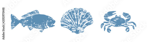 Foto Mediterranean seafood linocut vector trio — blue rustic fish, scallop shell and