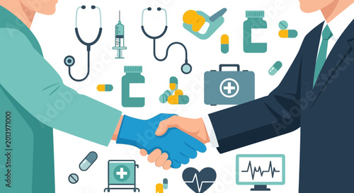 Medical Partnership Handshake with Healthcare Icons and Symbols
