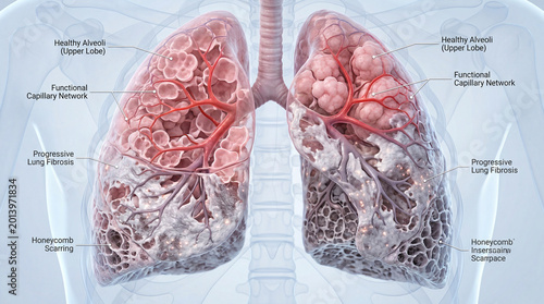 Illustrating the stark contrast between vibrant healthy lung tissue and advanced pulmonary fibrosis showing honeycomb scarring
