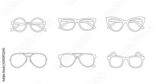 Set of Six Different Eyeglasses Styles Outline Icons, Vector Illustration