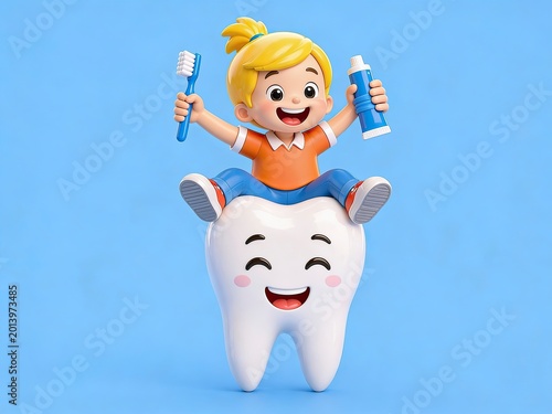 Kid with Toothbrush and Toothpaste Sitting on Happy Tooth