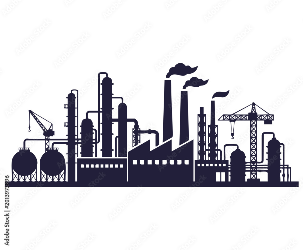 Fototapeta premium A detailed illustration of an industrial factory complex with multiple buildings and towers