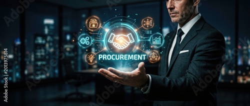 Business procurement strategy development corporate office infographic visuals urban environment professional viewpoint innovation in procurement processes