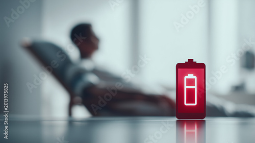 Low battery warning icon with blurred patient in hospital bed, illustrating fatigue, exhaustion, burnout, chronic illness and low energy concept.
