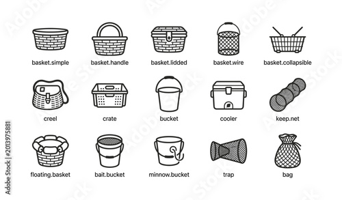 Baskets and bucket icons displayed on white background
