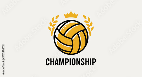 Championship Volleyball Emblem: Golden Ball, Crown, and Laurel Wreath Design