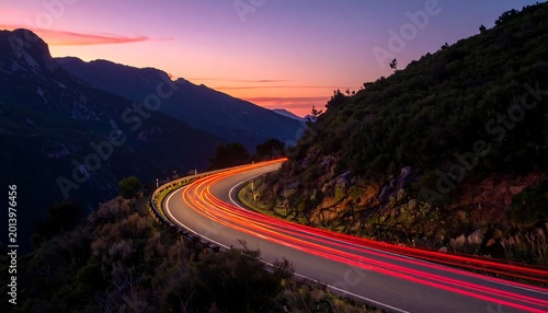 Winding Mountain Road Long Exposure With Red And Orange Light Trails Curving Through A Scenic Landscape During A Vibrant Sunset At Twilight