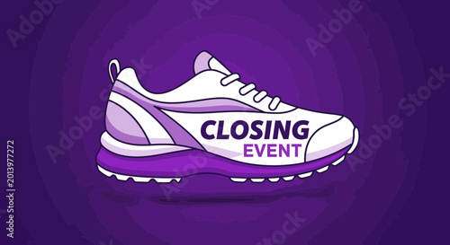 Closing Event Graphic Featuring Shoe Illustration Against a Deep Purple Backdrop