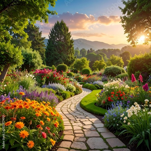 Winding Stone Path Through A Vibrant Blooming Flower Garden At Sunset With Scenic Mountain Backdrop In A Picturesque Digital Illustration